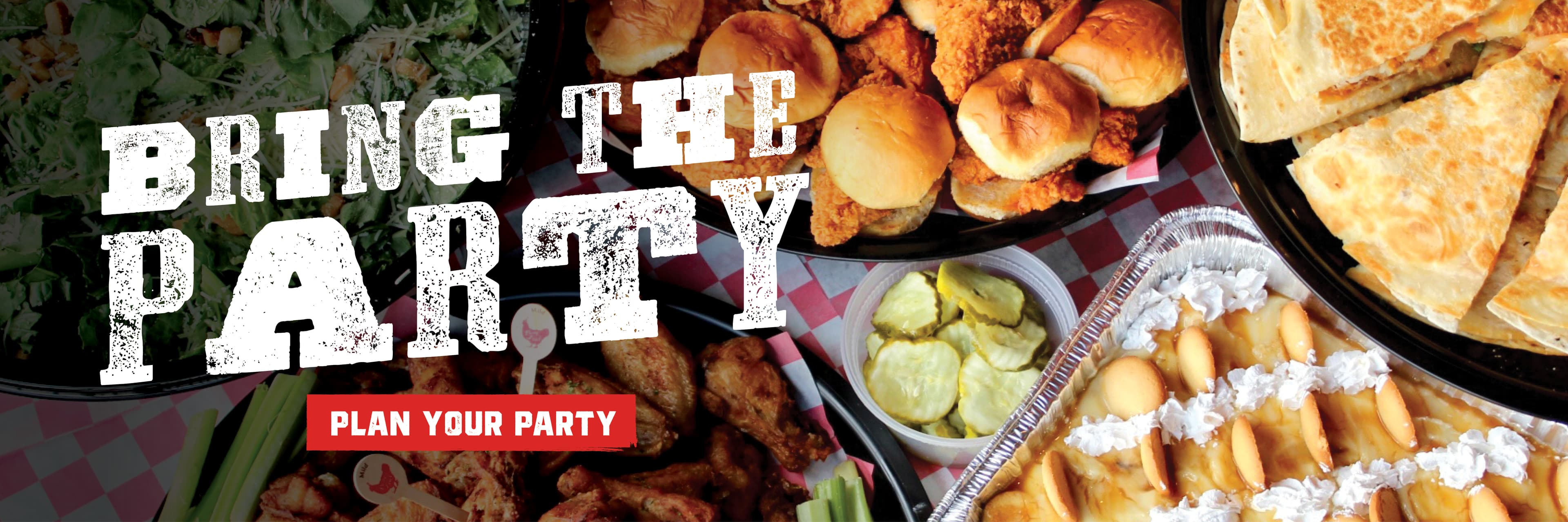 A variety of party foods including sliders, chicken, quesadillas, pickles, and desserts, set on a checkered tablecloth.