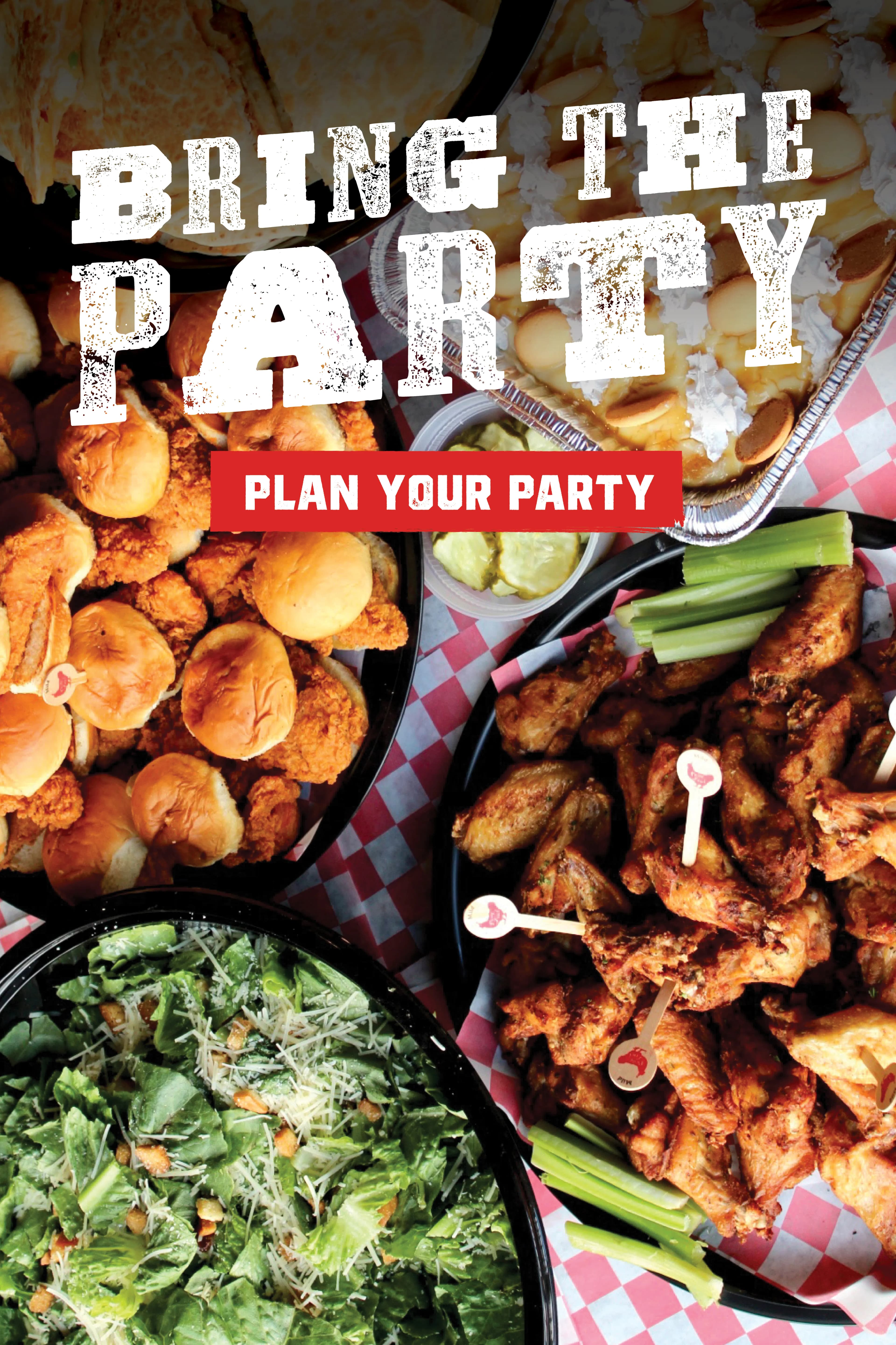 A variety of party foods including chicken wings, sliders, and a salad, set on a checkered tablecloth.