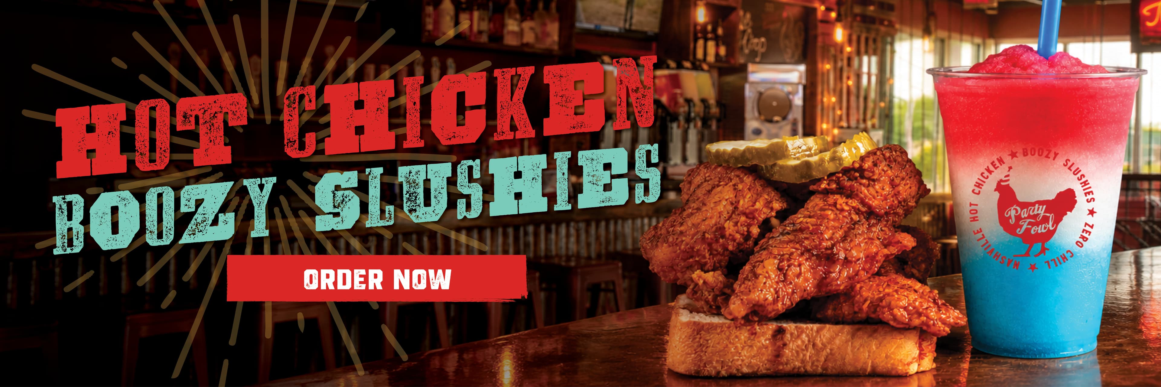 A vibrant advertisement featuring fried chicken and a colorful slushie drink