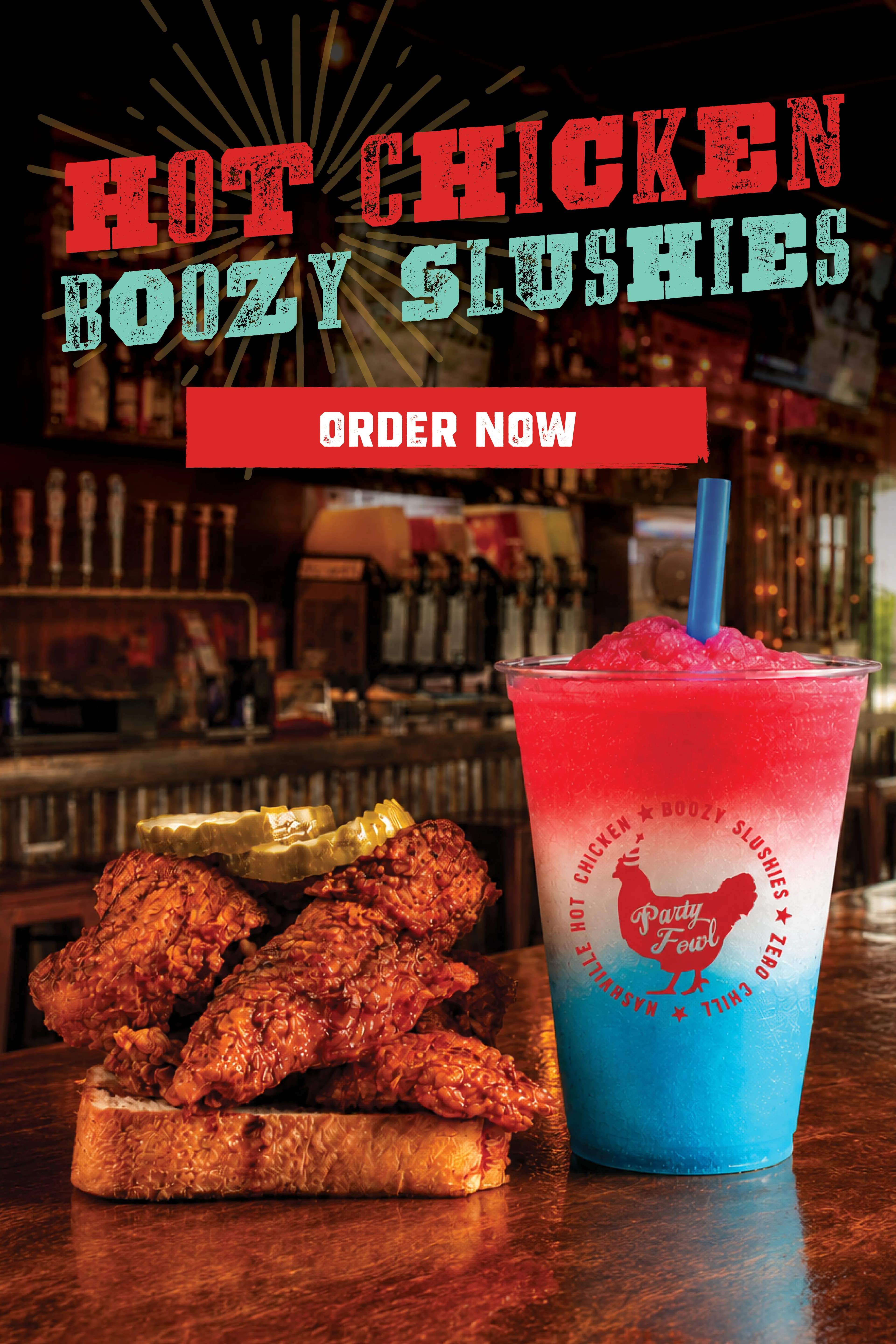A vibrant hot chicken sandwich with pickles and a colorful slushie drink in a Party Fowl branded cup